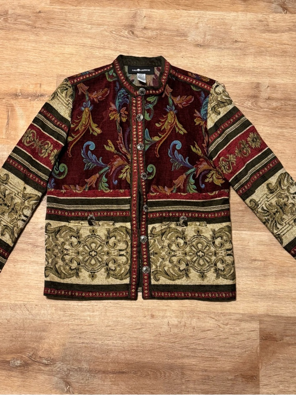 Vtg Sag Harbor Tapestry Jacket Burgundy Whimsigoth Eclectic Grandpa Boho Sz 8